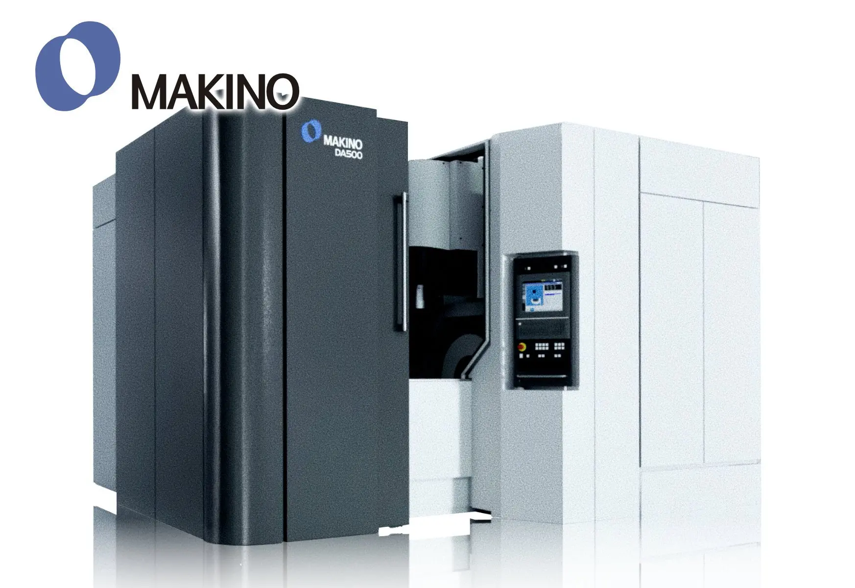 MAKINO 牧野フライス製作所 DA500 5軸制御立形マシニングセンターが白と黒の本体で、清潔な工場スタジオに設置されている様子。左上と機械本体にMAKINOのロゴ。全体はプロフェッショナルでハイテクな雰囲気。