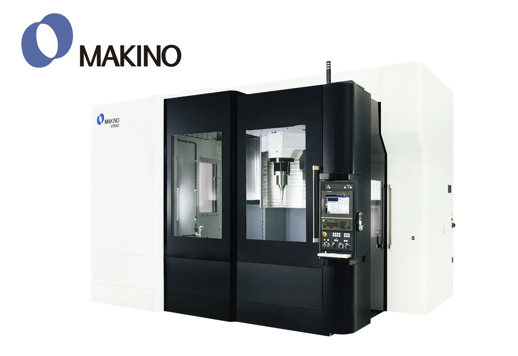 MAKINO 牧野フライス製作所 V900 立形マシニングセンターが白と黒の本体で、清潔な工場スタジオに設置されている様子。左上と機械本体にMAKINOのロゴ。全体はプロフェッショナルでハイテクな雰囲気。
