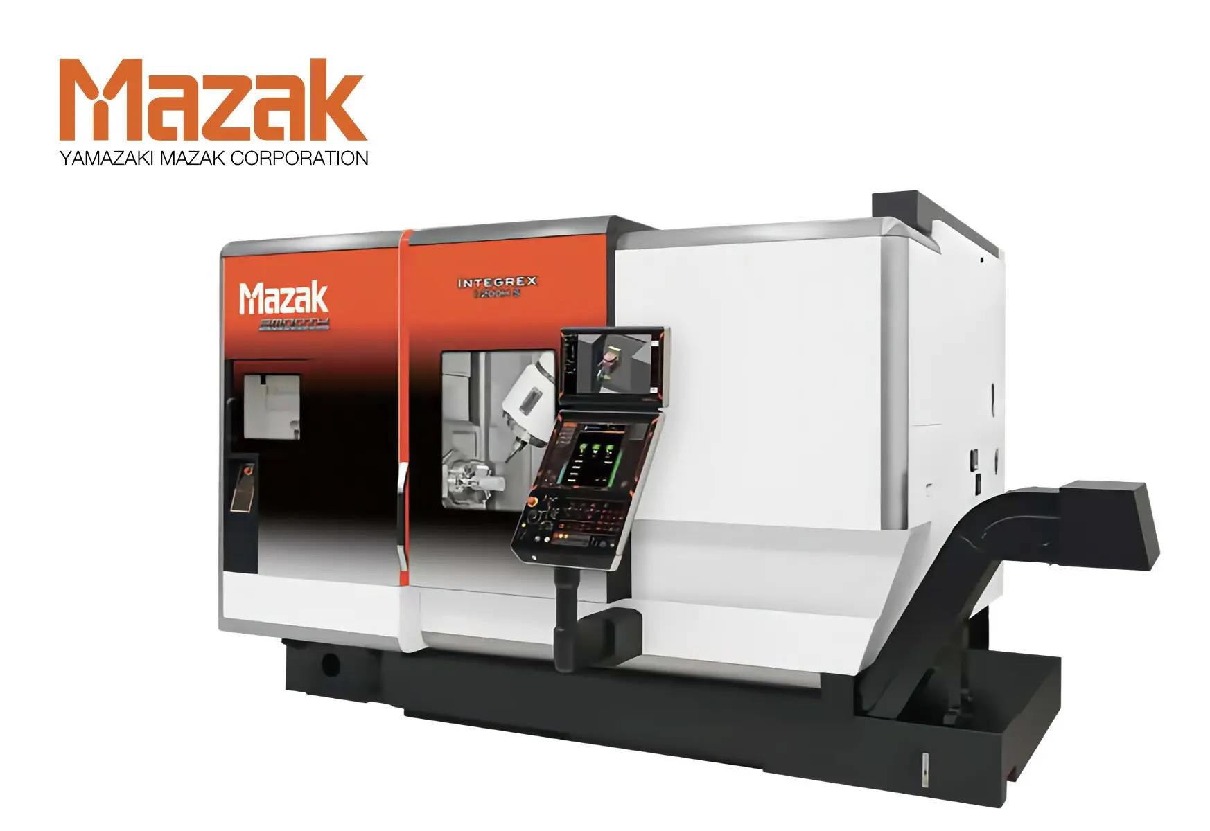 Mazak ヤマザキマザック INTEGREX i-200H S 多機能加工機。白と黒の本体にオレンジのアクセントがあり、清潔な工場スタジオに設置されている。左上と機械本体にMazakロゴ、機械にINTEGREX i-200H Sの文字。全体はプロフェッショナルでハイテクな雰囲気。
