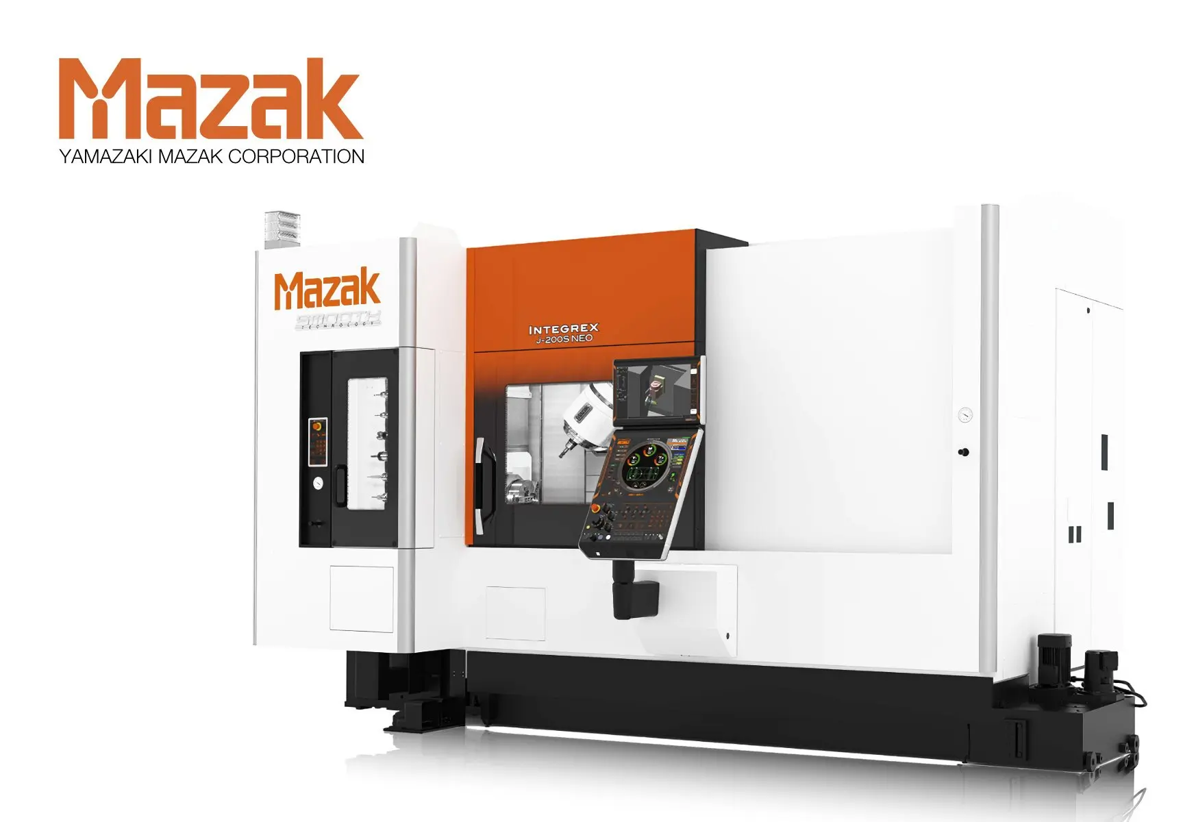 Mazak ヤマザキマザック INTEGREX j-200 NEO 複合加工機。白と黒の本体にオレンジのアクセントがあり、清潔な工場スタジオに設置されている。左上と機械本体にMazakロゴ、機械にINTEGREX j-200 NEOの文字。全体はプロフェッショナルでハイテクな雰囲気。
