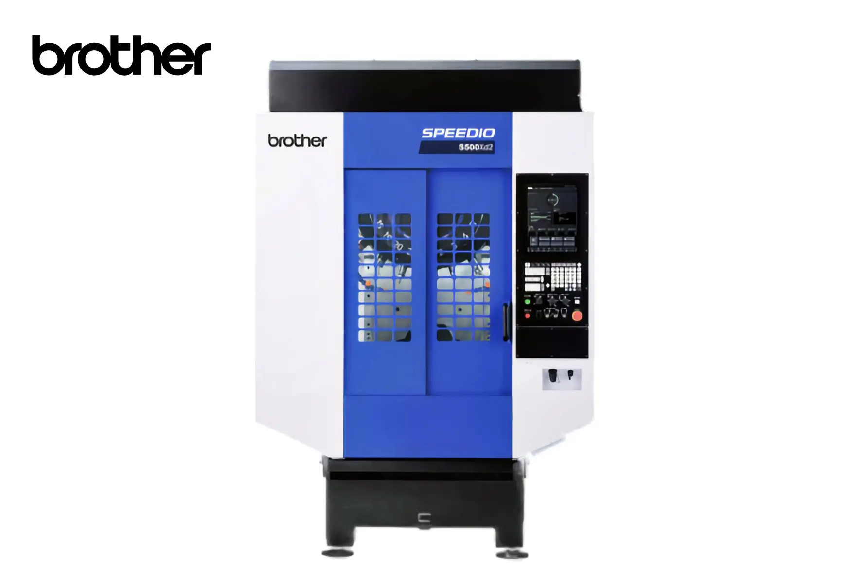 Brother SPEEDIO S300Xd1 コンパクトマシニングセンタ。青と白の本体で、右側に操作パネルがあり、清潔なスタジオ環境に設置。左上と本体にBrotherロゴ、機械にSPEEDIO S300Xd1の文字。全体はプロフェッショナルでモダンな雰囲気。