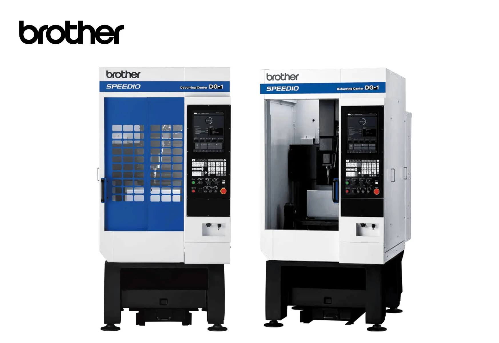 Brother ブラザー工業 SPEEDIO DG-1 デバリングセンタ。白と青の本体で、正面に大きなガラス窓と操作パネルがあり、清潔な工場スタジオに設置されている。左上と本体にBrotherロゴ、機械にSPEEDIO DG-1の文字。全体はプロフェッショナルでハイテクな雰囲気。
