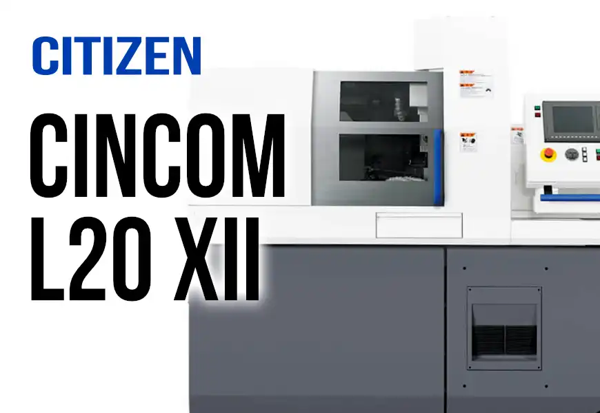 シチズンマシナリー Cincom L20XⅡATC B軸ATC装置付きCNC自動旋盤。黒と白の本体が清潔な工場スタジオに設置されている。左上と機械本体にCITIZENロゴ、機械にL20XⅡATCの文字。全体はプロフェッショナルでハイテクな雰囲気。