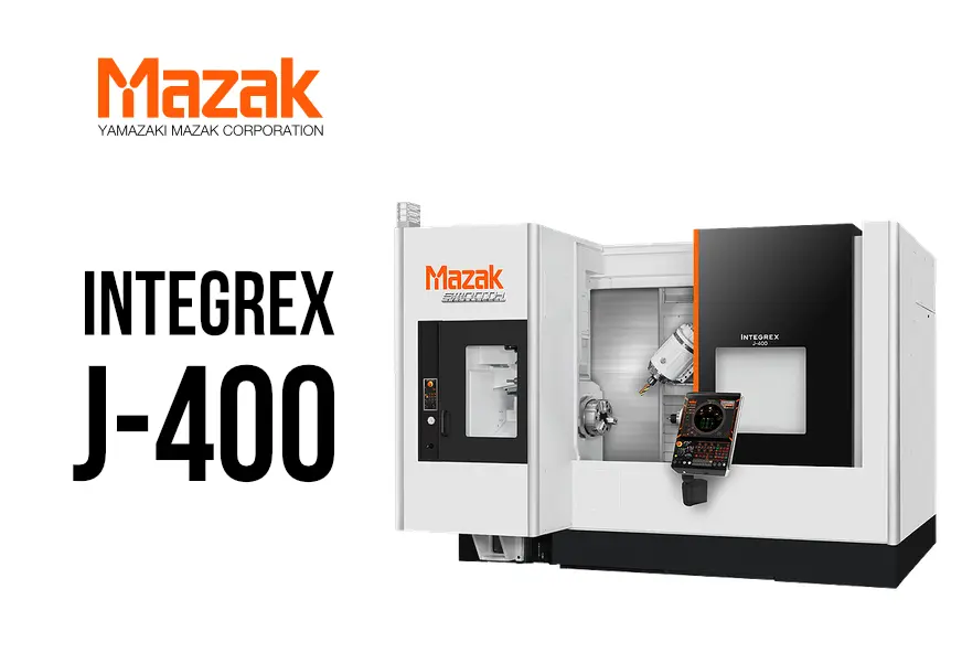 Mazak ヤマザキマザック INTEGREX j-400 複合加工機。白と黒の本体にオレンジのアクセントがあり、清潔な工場スタジオに設置されている。左上と機械本体にMazakロゴ、機械にINTEGREX j-400の文字。全体はプロフェッショナルでハイテクな雰囲気。