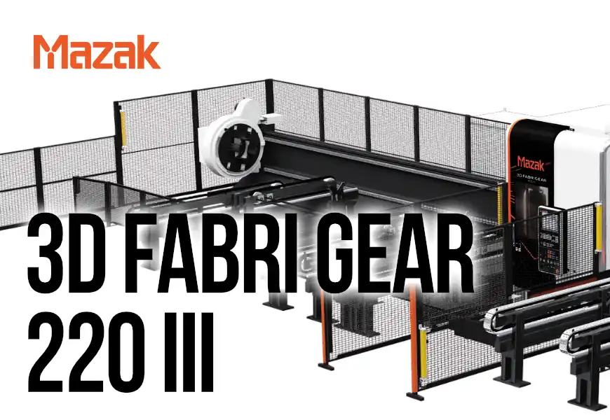 Mazak 3D FABRIGEAR 220 III 3次元レーザー加工機が白と黒の本体で、オレンジのアクセントが特徴。広々とした清潔な工場スタジオに設置されており、左上と機械本体にMazakロゴ、機械に3D FABRIGEAR 220 IIIの文字。全体はプロフェッショナルでハイテクな雰囲気。