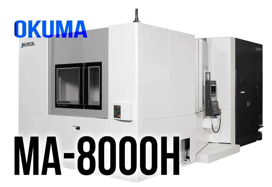 OKUMA MA-8000H 横形マシニングセンタが黒と白の本体で、広々とした清潔な工場スタジオに設置されている様子。左上と機械本体にOKUMAのロゴ、機械にMA-8000Hの文字。全体はプロフェッショナルでハイテクな雰囲気。