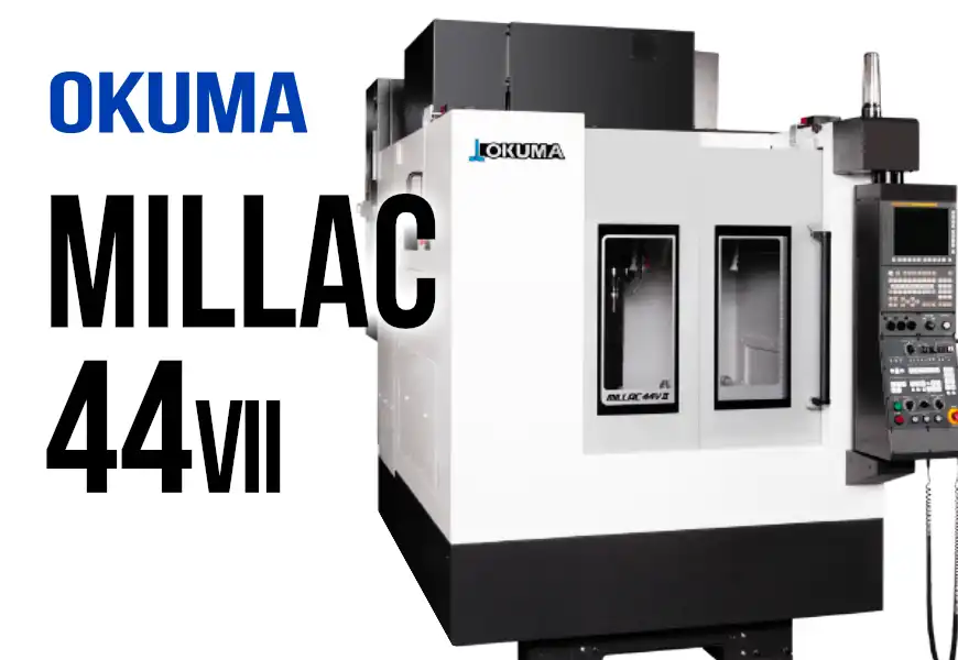 OKUMA MILLAC 44V II 立形マシニングセンタが黒と白の本体で、清潔な工場スタジオに設置されている様子。左上と機械本体にOKUMAのロゴ、機械にMILLAC 44V IIの文字。全体はプロフェッショナルでハイテクな雰囲気。
