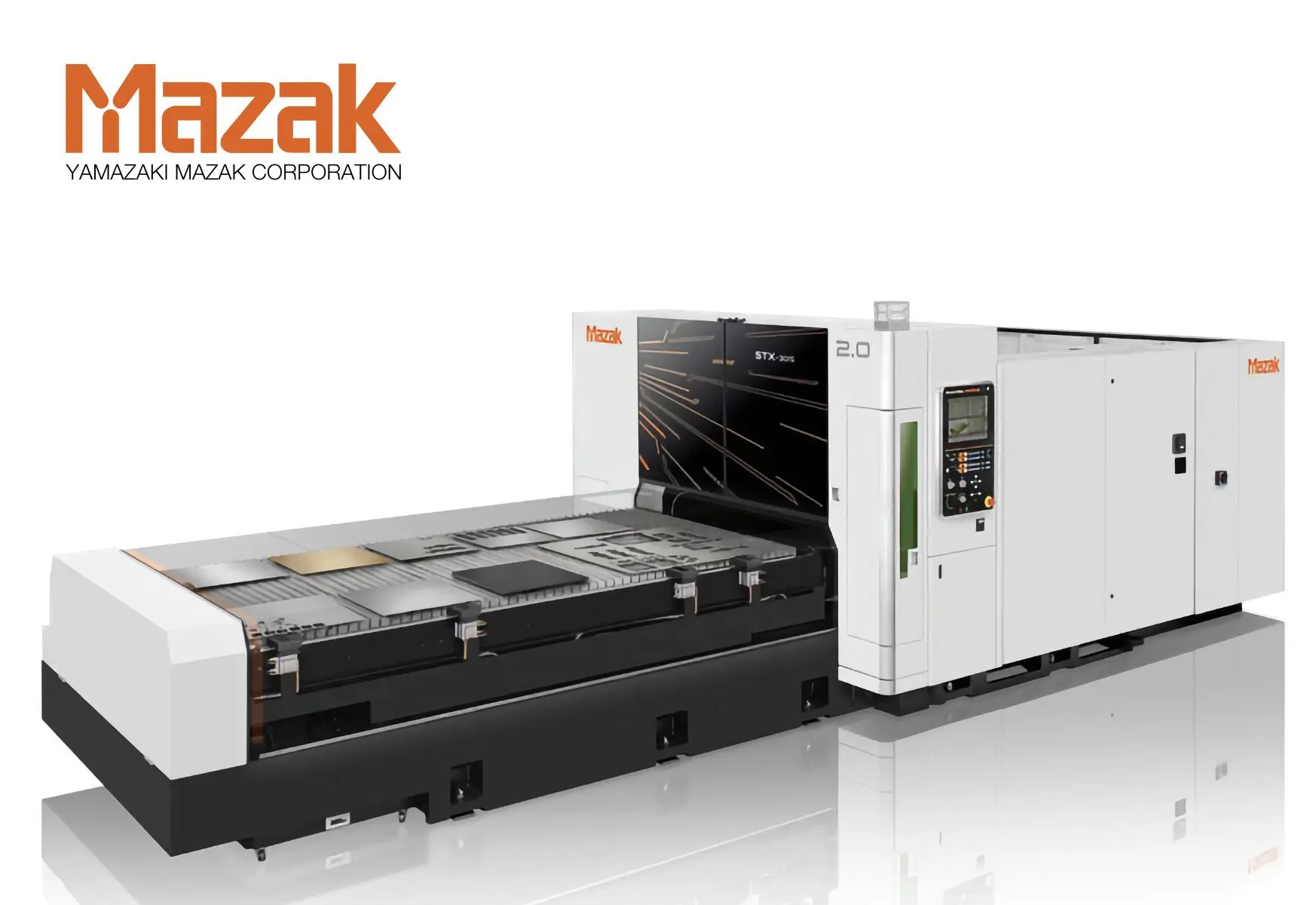 Mazak ヤマザキマザック STXシリーズ ファイバーレーザー加工機。白と黒の本体にオレンジのアクセントがあり、清潔な工場スタジオに設置されている。左上と機械本体にMazakロゴ、機械にSTXの文字。全体はプロフェッショナルでハイテクな雰囲気。